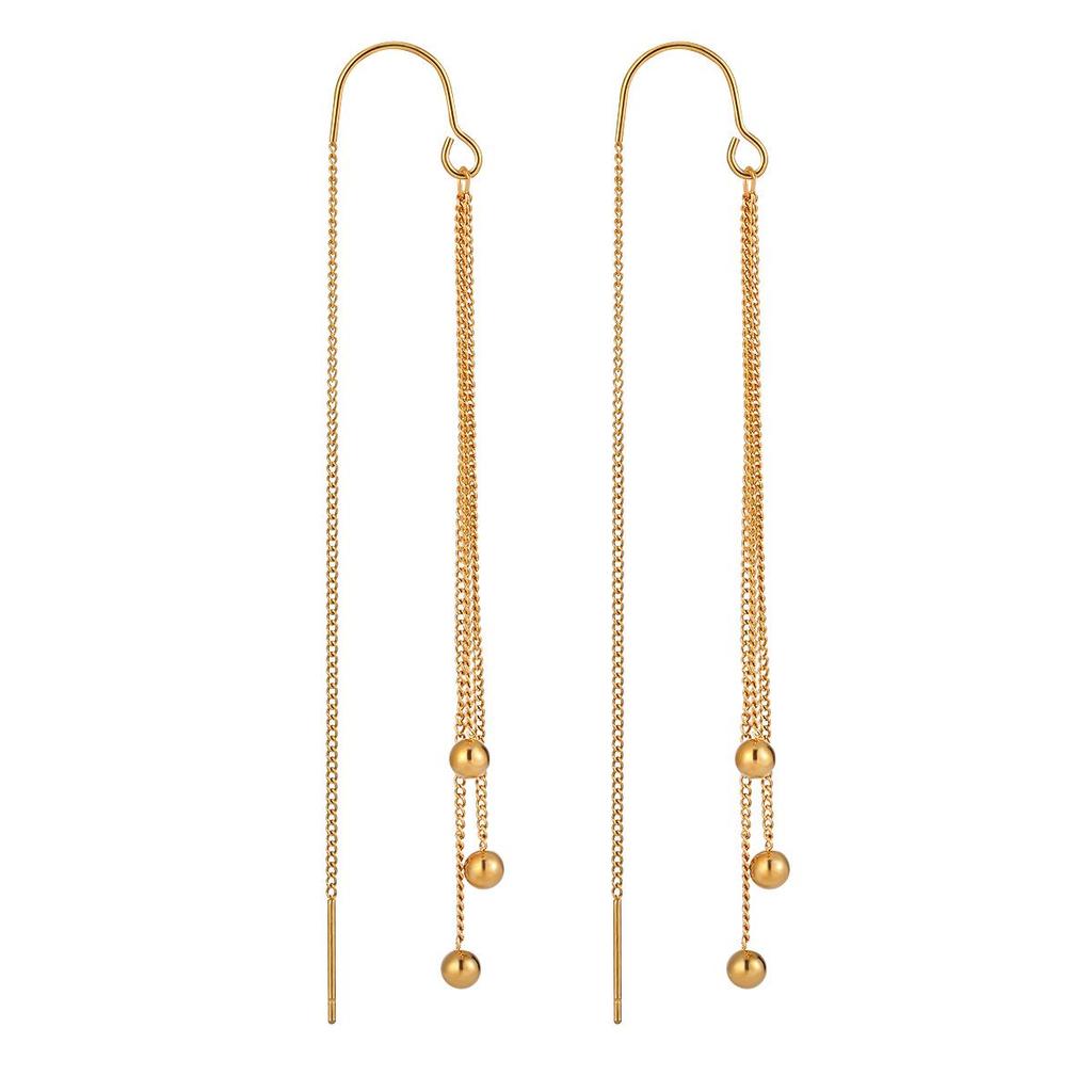 Versatile Gold-Plated Titanium Tassel Round Bead Earrings with a Korean Trendy Style