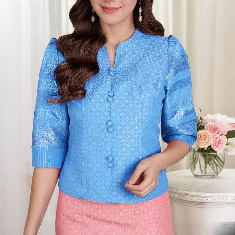 

ZANZEA Женская повседневная блузка с V-образным вырезом, летняя, с рукавом три четверти, с принтом в стиле ретро 2XL синий