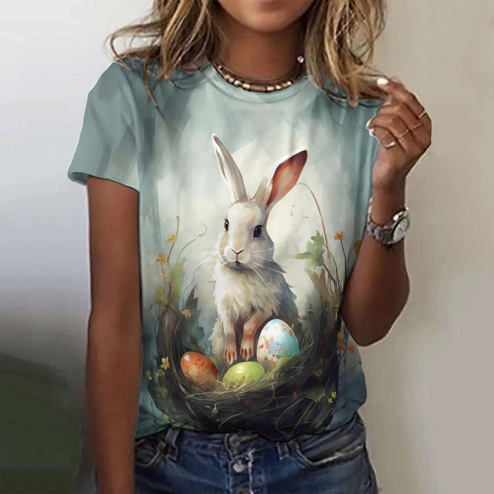 New Vintage Rabbit Print Women's T-shirt Plus Size Top 2024 Women's Clothing Fashion Short Sleeve Shirt Crew Blouse Summer