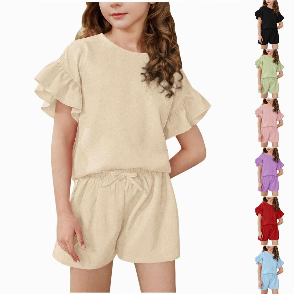 Girls Plain Color Casual Fashion Two-Piece Set Short Sleeve Top And Shorts