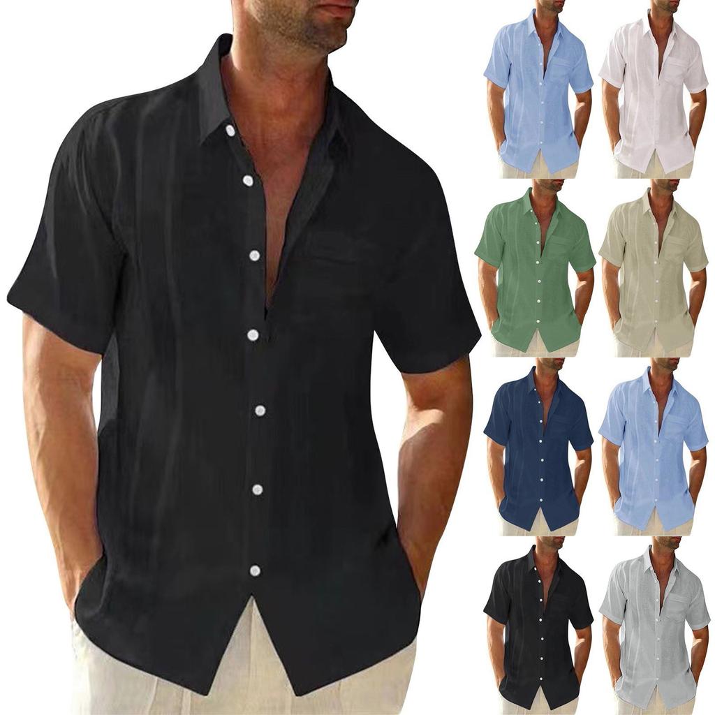 Summer Men's Collar Pocket Short Sleeved Cardigan Solid Color Shirt Top