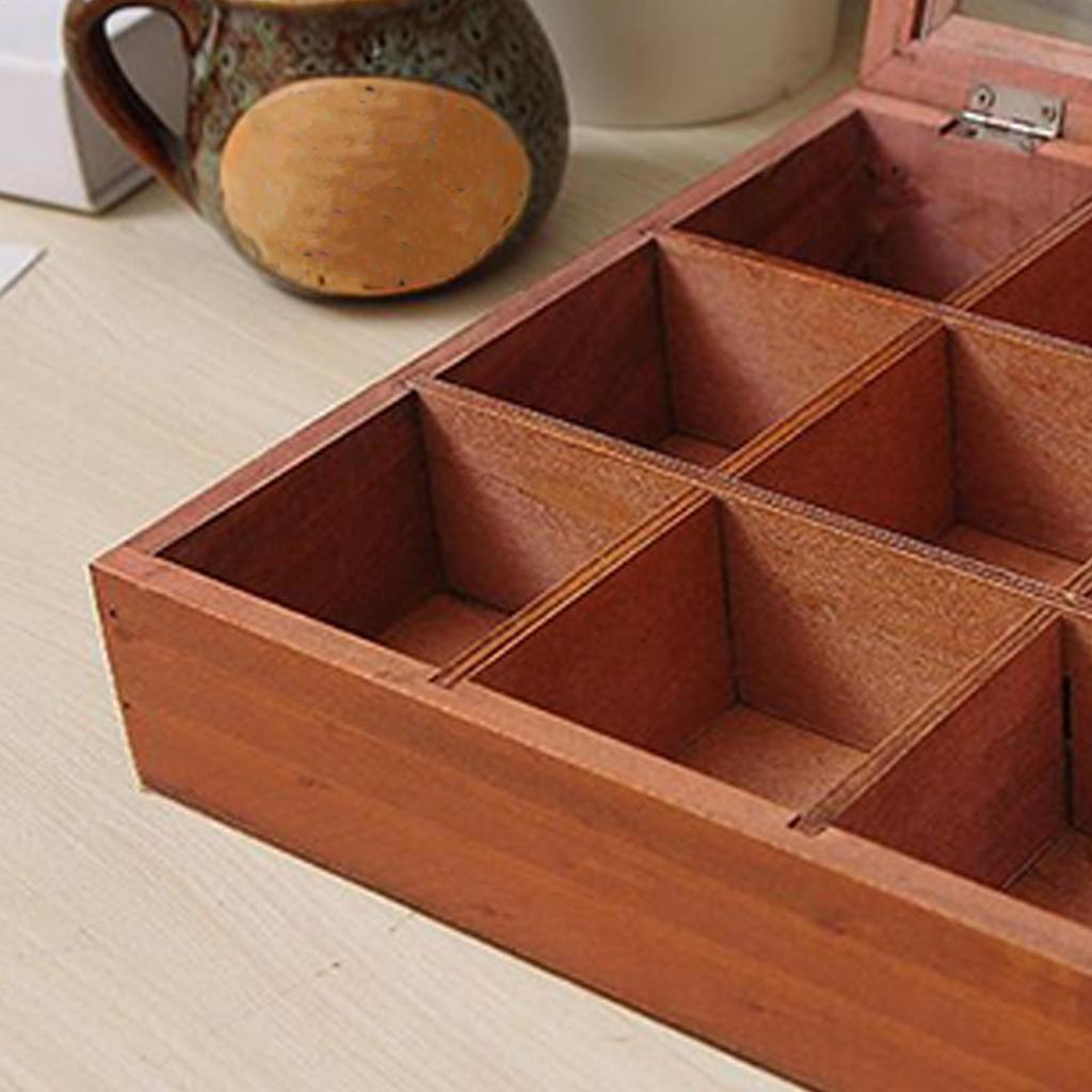Multifunktionale Teebox aus Holz mit 12 Fächern, Deckel und Teebeutelhalter für Küchenschränke und mehr.