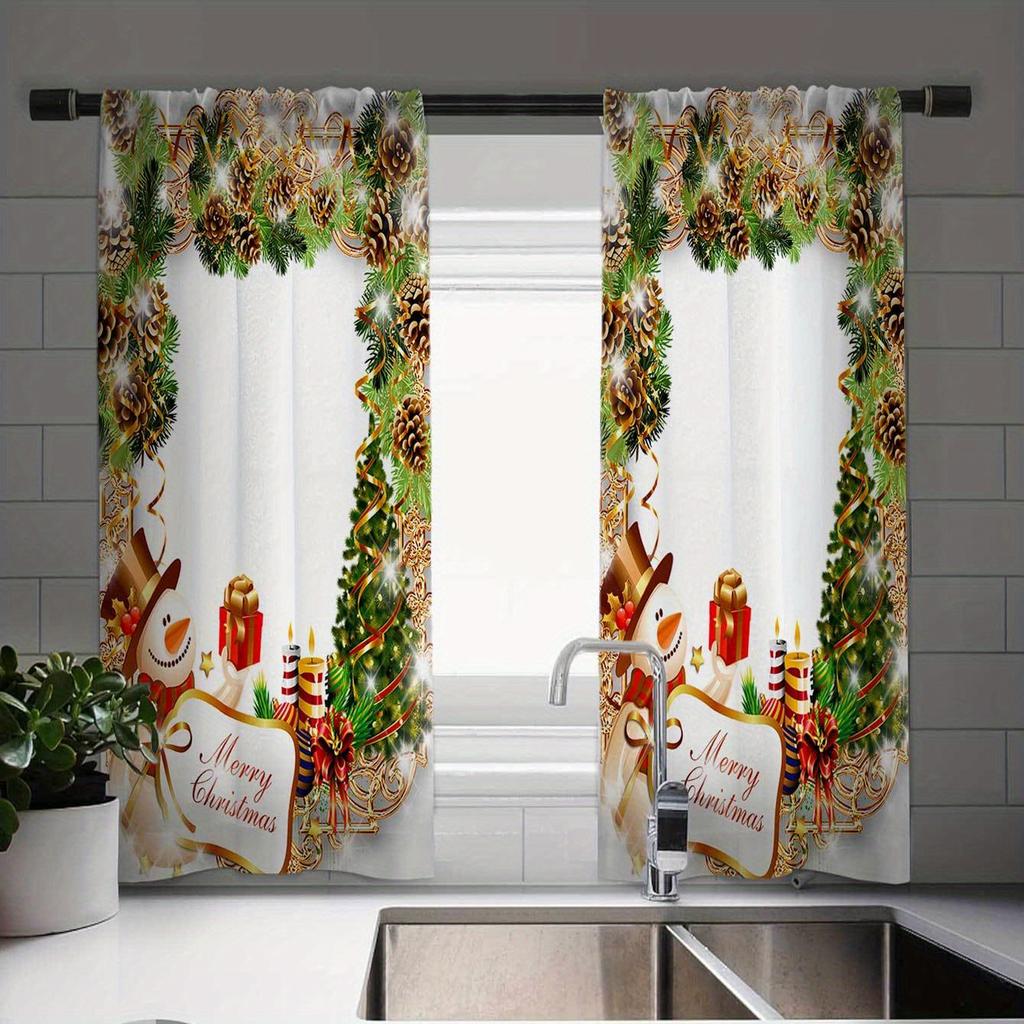2pcs Christmas Themed Window Drapes Festive Tree Ribbons Lights Gifts Print Semi-Sheer Woven for Kitchen Living Room Bedroom