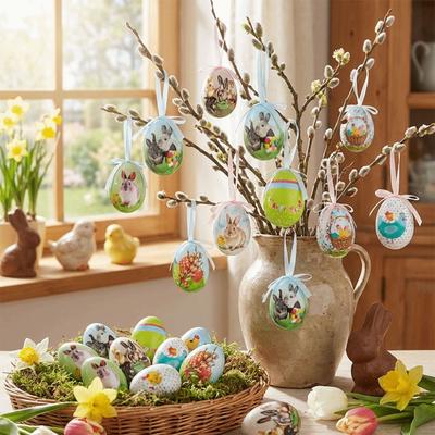Œufs de Pâques en Mousse Peints Bricolage Œuf de Pâques Coloré à Suspendre Œuf de Pâques Fait Main Ornements Suspendus Joyeuses Pâques Fenêtre Porte Jardin
