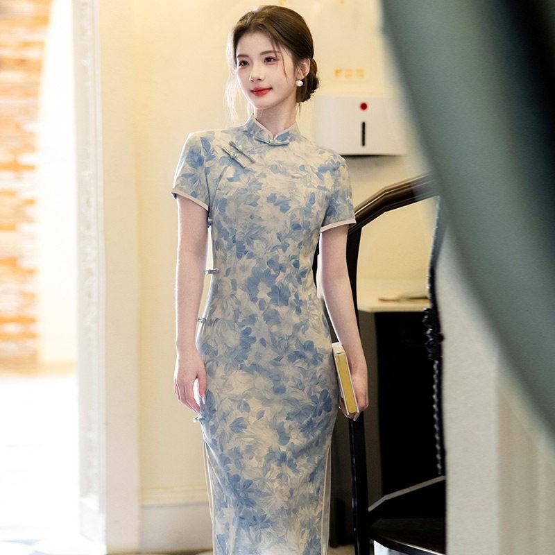 Elegant Blue Tencel Linen Qipao Dress 2026 Womens Modern Long Cheongsam With Stand Collar Side Slit