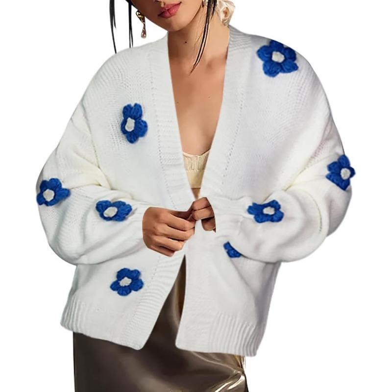 JKASHDK Women's Fashion Casual Flower Pattern Print Fall Winter Long Sleeve V-Neck Sweaters