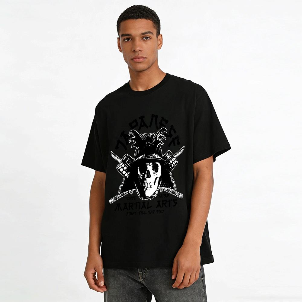 Japanese Martial Arts Skull Samurai Print Tokyo Fight Culture Tee Pure cotton T-shirt