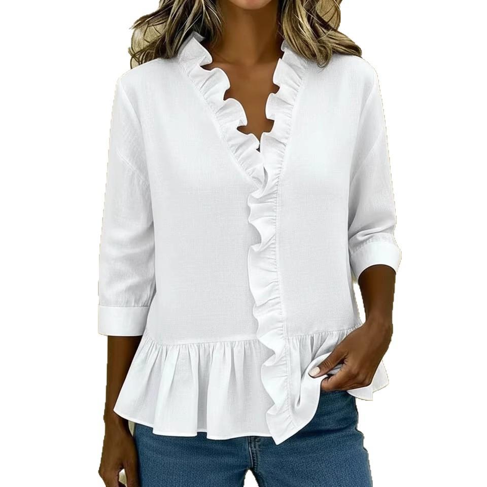 ebay spring and summer European and American new long-sleeved ruffle shirt women's shirt