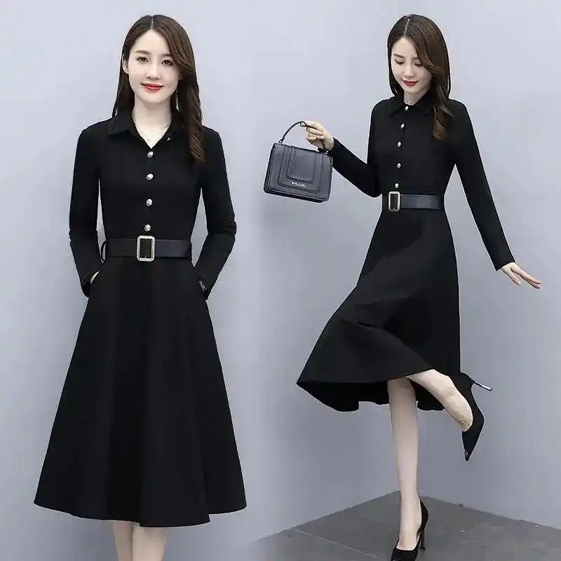 Damen Elegantes Langes Kleid im Koreanischen Stil Tailliert Schlankmachend Lässig Einfarbige Knöpfe Langarmkleid XL schwarz