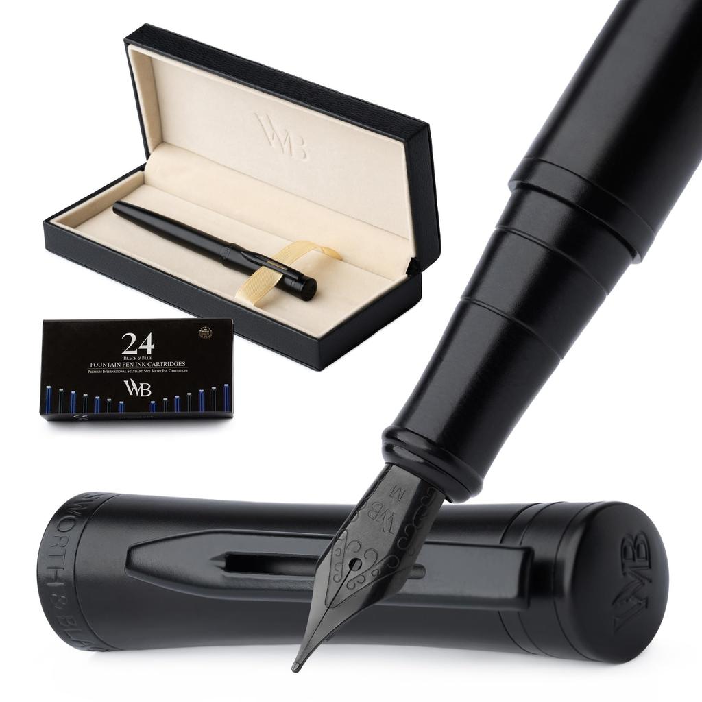 Wordsworth Black Fountain Pen Medium 24 Ink Ink Refill Converter Gift Unisex & Set, Nib, Cartridges, & Box, Calligraphy, [All Black],