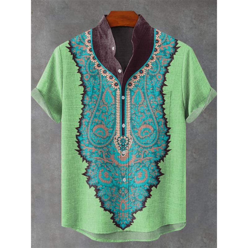 Men's Short Sleeve Shirt Vintage Ethnic Style Sunlight and Tree Illustration Art Snake Print Casual Linen Shirt