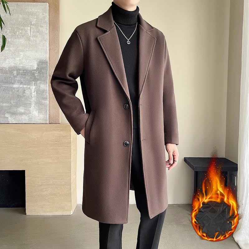 Pánský vlněný kabát střední délky volného střihu, trendy, jednobarevný, plus bavlněný kabát pro muže