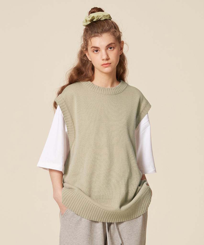 Blond9 Round Neck Knit Vest_Light Khaki
