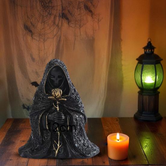 Halloweenprydnad Gotisk Stil Mystisk Svart Kappa Design Ond Ansiktsstaty Halloween Tema Festdekoration