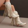Elegant Embroidery Ethnic Style Fringed Boots Pointed Rhinestone Tall Casual Boots Thick High Heel Boots 40-48 Large Size