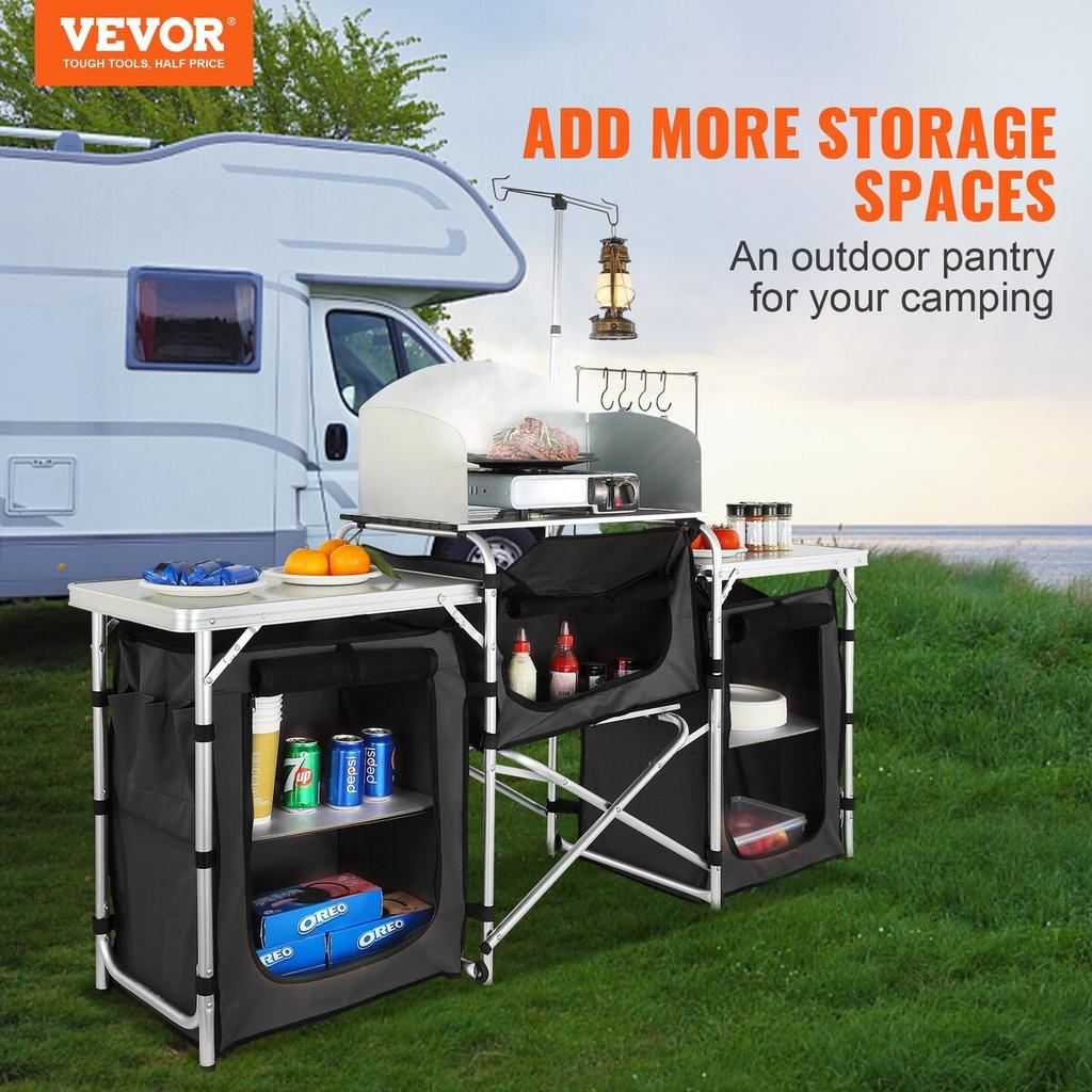 Camping Kitchen Table, Folding Outdoor Cooking Table with Storage Carrying Bag, Aluminum Cook Station 3 Cupboard & Detachable Windscreen, Quick Set-up