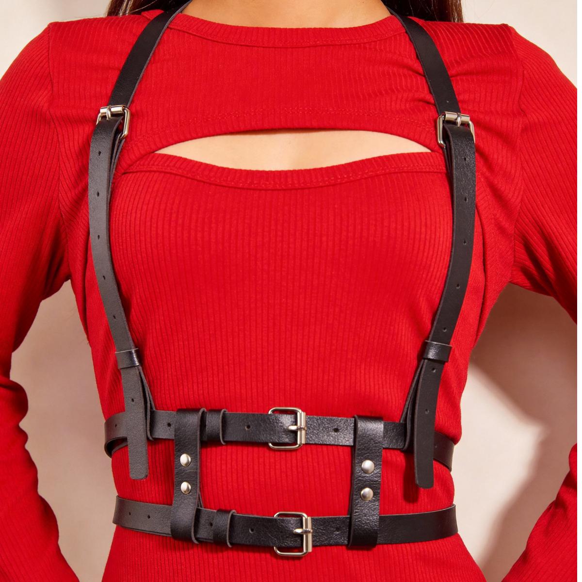 

Женский модный body-пояс-шлейка - Черная ПУ-кожа, Регулируемые ремни для платья и клубных мероприятий