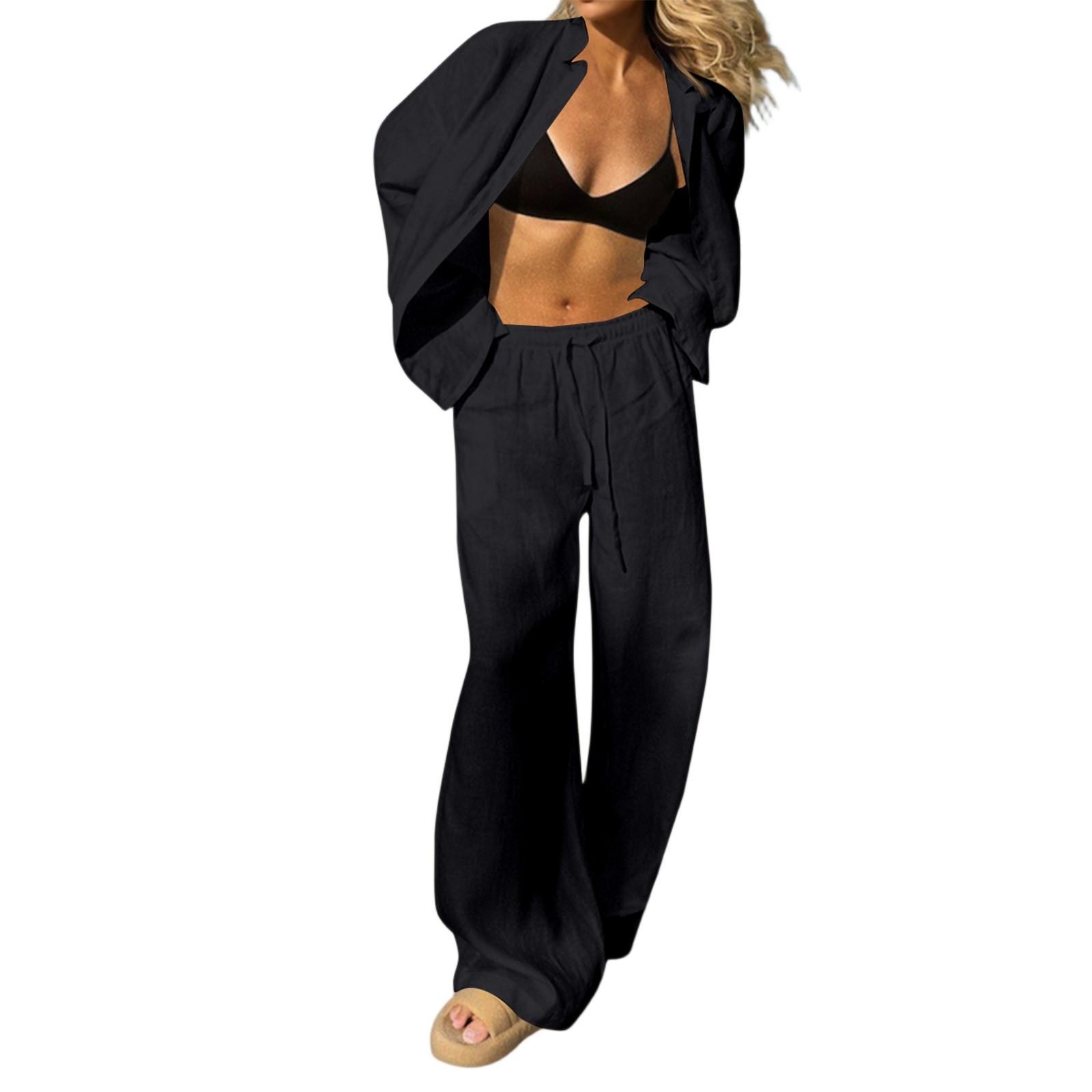 

Women s 2 Piece Outfits Sets Ruched Long Sleeve Tops Wide Leg Pants Tracksuit Sets L чорний