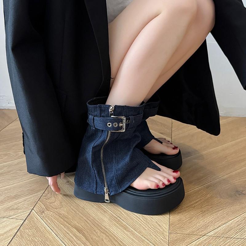 Niche designer jeans tube boots women's summer new thick-soled fashion buckle tooling boots handsome Martin boots