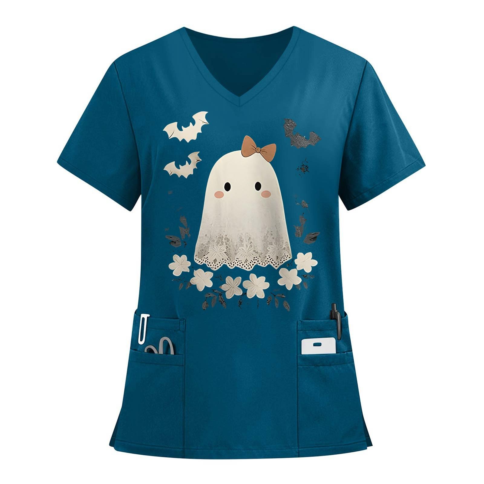 

Женский топ защитного костюма с V-образным вырезом, с короткими рукавами, с принтом на Хэллоуин, с карманом и боковыми разрезами XXXL