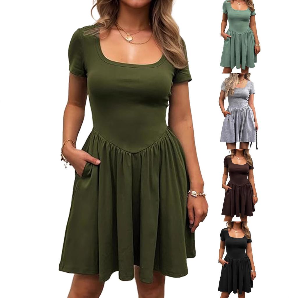 Solid Color Square Neck Short Sleeve Pleated Casual Mini Dress