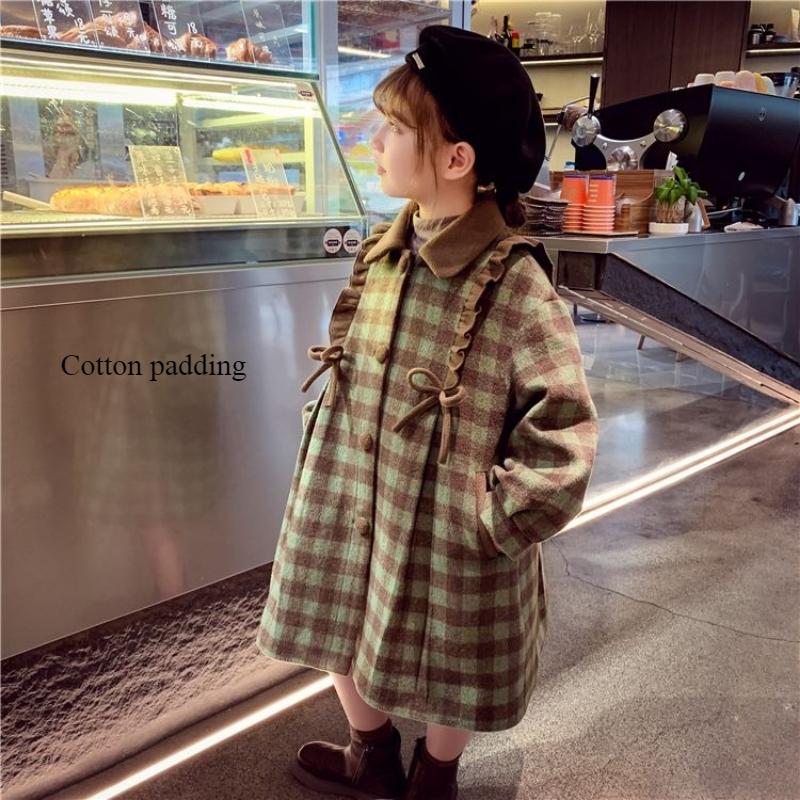 Girls' Vintage Woolen Coat, Autumn and Winter Children's Loose Checkered Princess Cotton-padded Woolen Overcoat