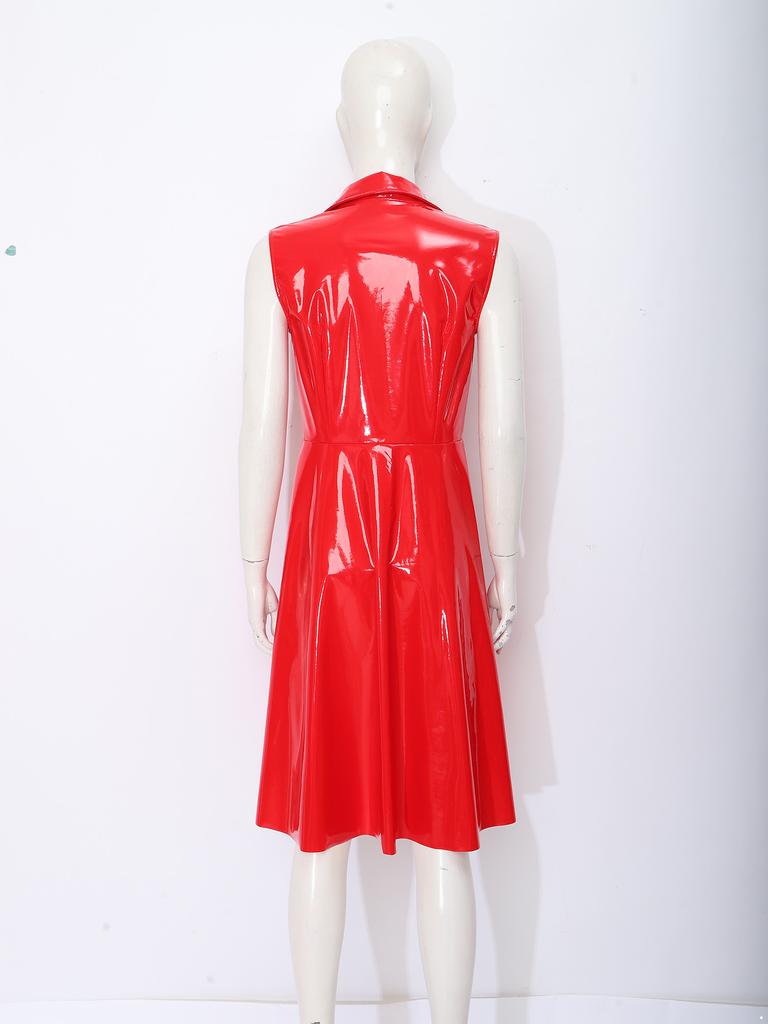Damen Glänzender PU Punk Langer Trenchcoat Ärmellos Revers Offene Front Verstellbare Schnalle Taille Jacke Blazer für Cosplay Party Club Nacht