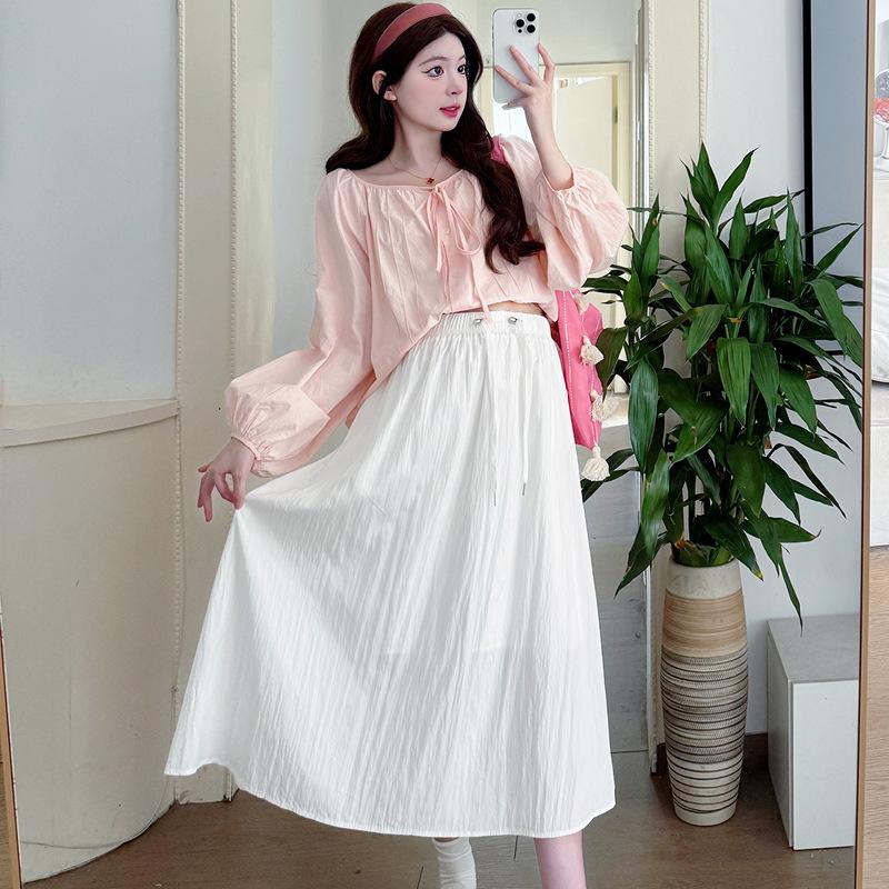 Spring 2026 Korean-Style Pink Puff Sleeve Maternity Top & Skirt Set M