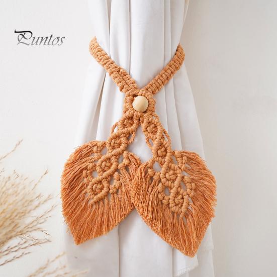 Curtain Ties Wooden Bead Braided Leaf Shape Tassel Bohemian Style Curtain Fastener Farmhouse Curtain Decoration Holdbacks Bedroom Draperies Tiebacks