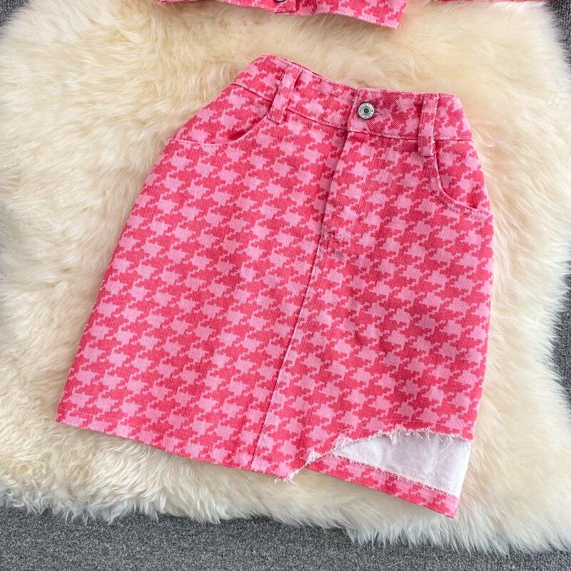 Mode Hahnentritt Anzug Damen Sommer Kurzarmhemd Unregelmäßiger High-Waist Halbrock Zweiteiliger Anzug