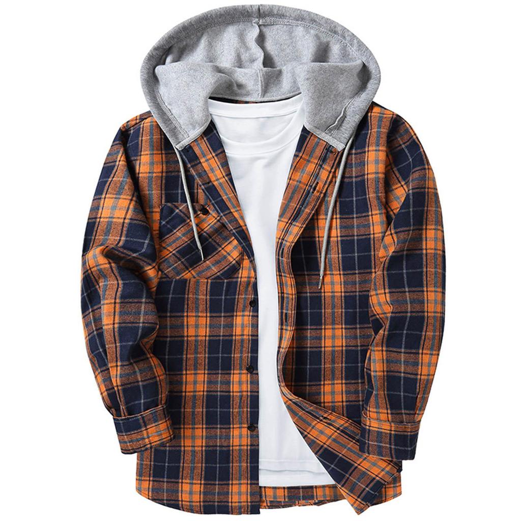 Plaid Pattern Men's Long Sleeve Hooded Shirt Jacket With Chest Pocket, Men's Casual Fall And Winter Coat