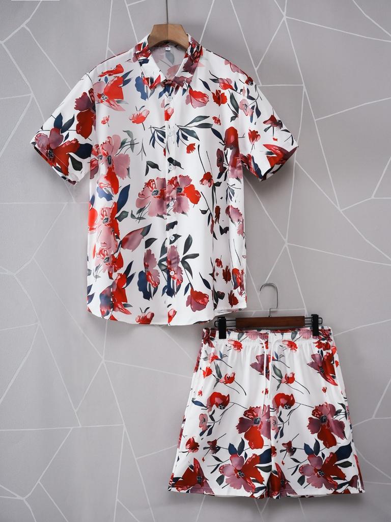 Men's Summer Palm Tree Tropical Plant Shirt Hawaiian Shirt 2-Piece Set Short Sleeve Shorts Lapel Tropical Fashion Casual Holiday