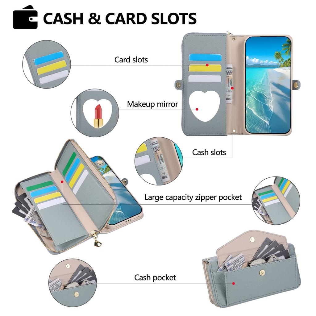 WEFOR Crossbody Wallet Case for iPhone 15 14 13 12 11 Pro Max XR XS Max 7 8 Plus SE, Strap Card Holder Lanyard Kickstand Mirror
