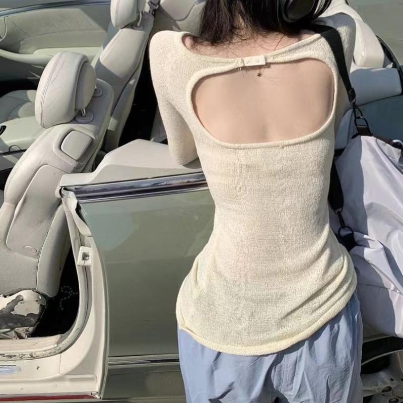 Spring Hot Girl Backless Long Sleeve Knitwear Women's Design-oriented Thin Hollow Out Pullover Sun Protection Top