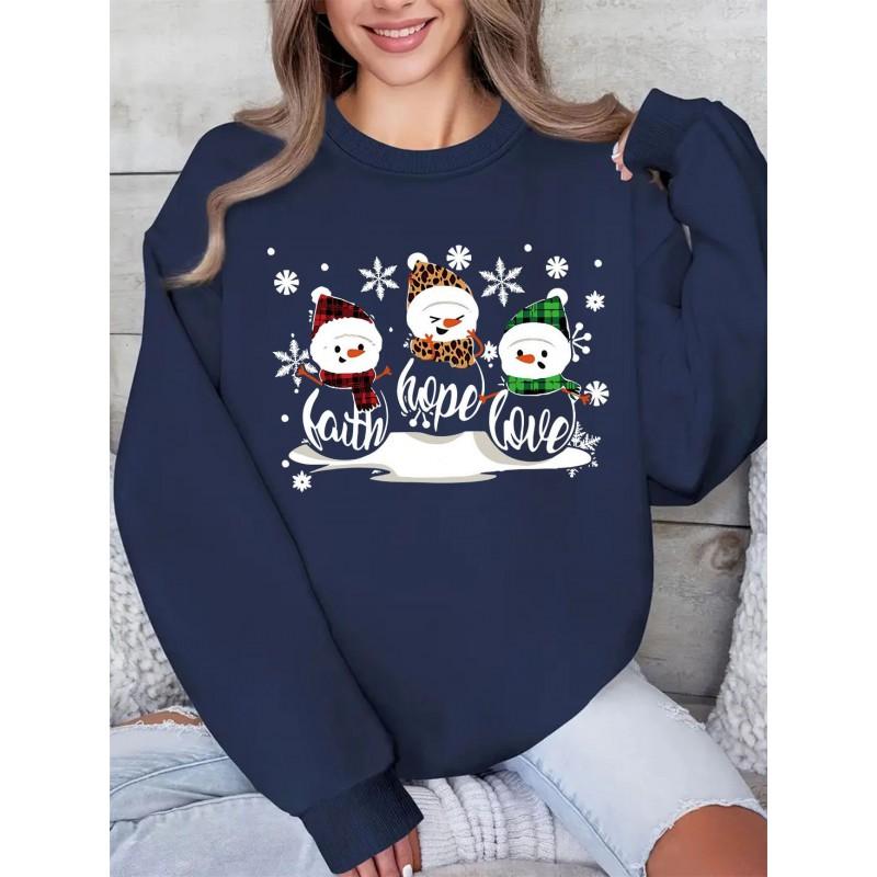 Christmas Snow Print Crew Neck Sweatshirt Women Loose Fit Casual Long Sleeve Top