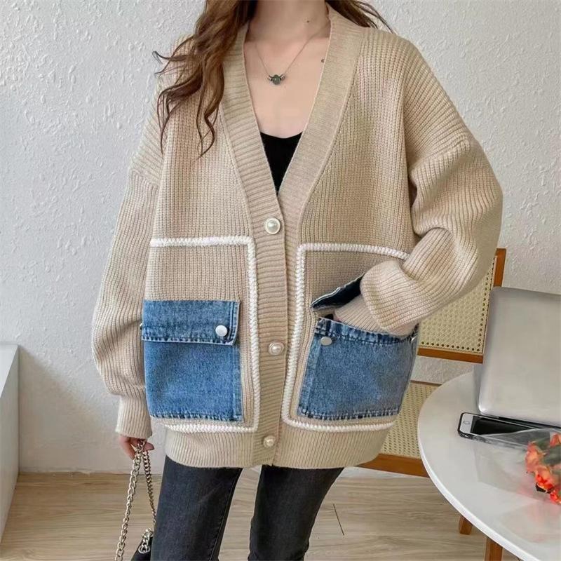 Lazy Wind Sweater Female Cowboy Pocket Splicing Loose Casual Fall Knitted Cardigan Jacket Female Comfortable Versatile and Fashionable