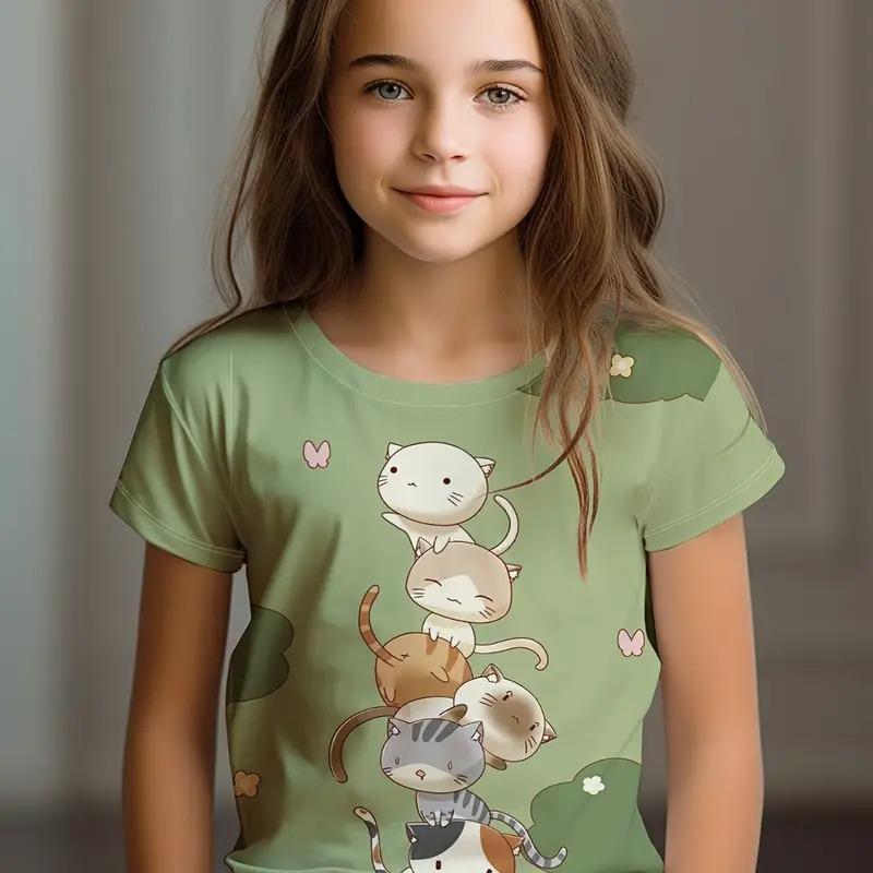 Kinderkleidung Kinder T-Shirt Mädchen Kurzarm Top Cartoon Katze Kawaii Mädchen Sommerkleidung Kinder T-Shirt Kinderkleidung