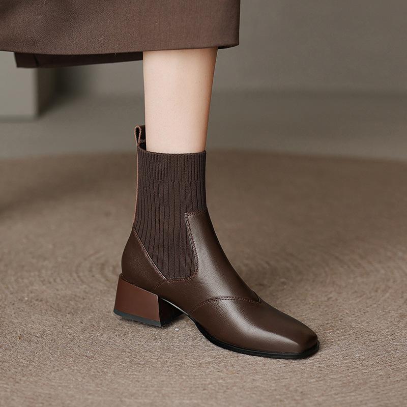 Knitted Sleeve Elastic Skinny Socks Boots Retro Square Head Thick Medium Heel Short Boots Women's Autumn, Winter and Naked Boots