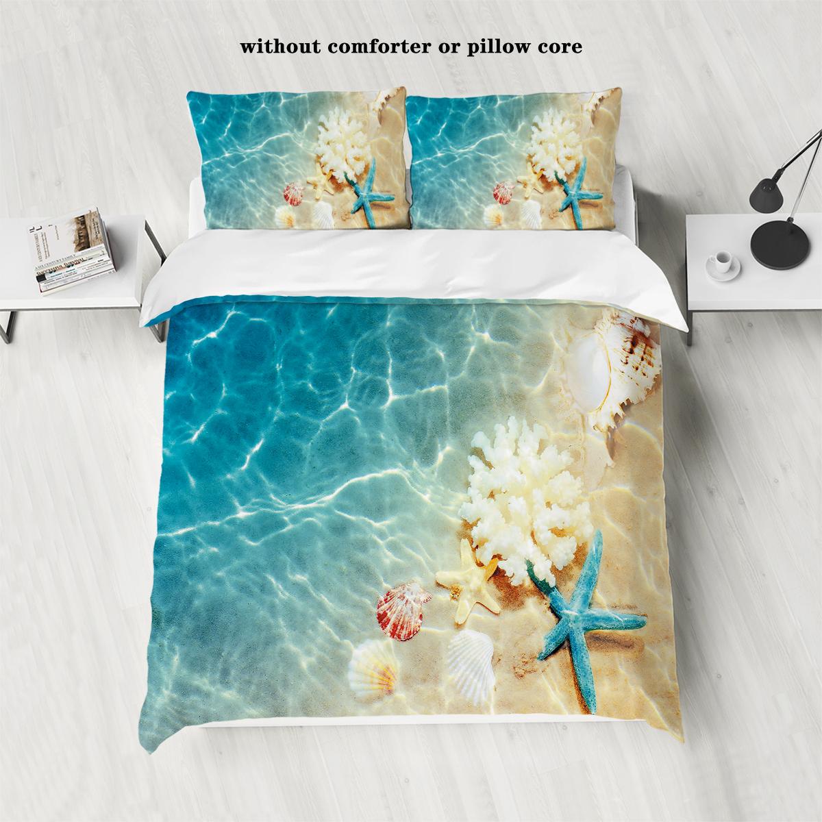 

3-piece underwater shark starfish pattern printed down duvet cover (1 duvet cover+2 pillowcases, no core) bedding set 135x200cm-EU-Single