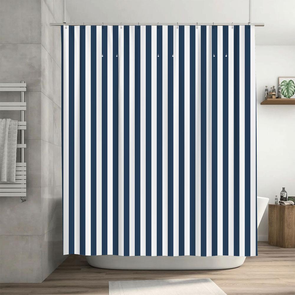 Contemporary Blue and White Striped Shower Curtain for Bathroom Decor Waterproof Fabric Door Hanging Size Customizable (180 X 24