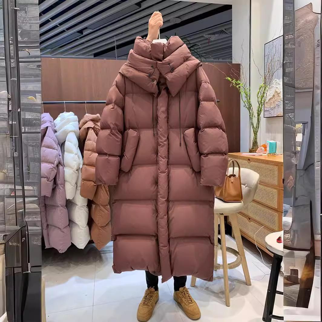 

Длинная куртка-пуховик с капюшоном выше колена для женщин в стиле ретро 2024 года, зимняя новая корейская версия, свободная большая стеганая белая куртка-пуховик на утином пуху M