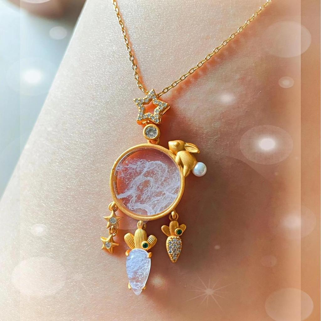 Jade Rabbit and Radish Planet Pendant Necklace - Charming Fairy Tale Design, Handmade and Unique Gift