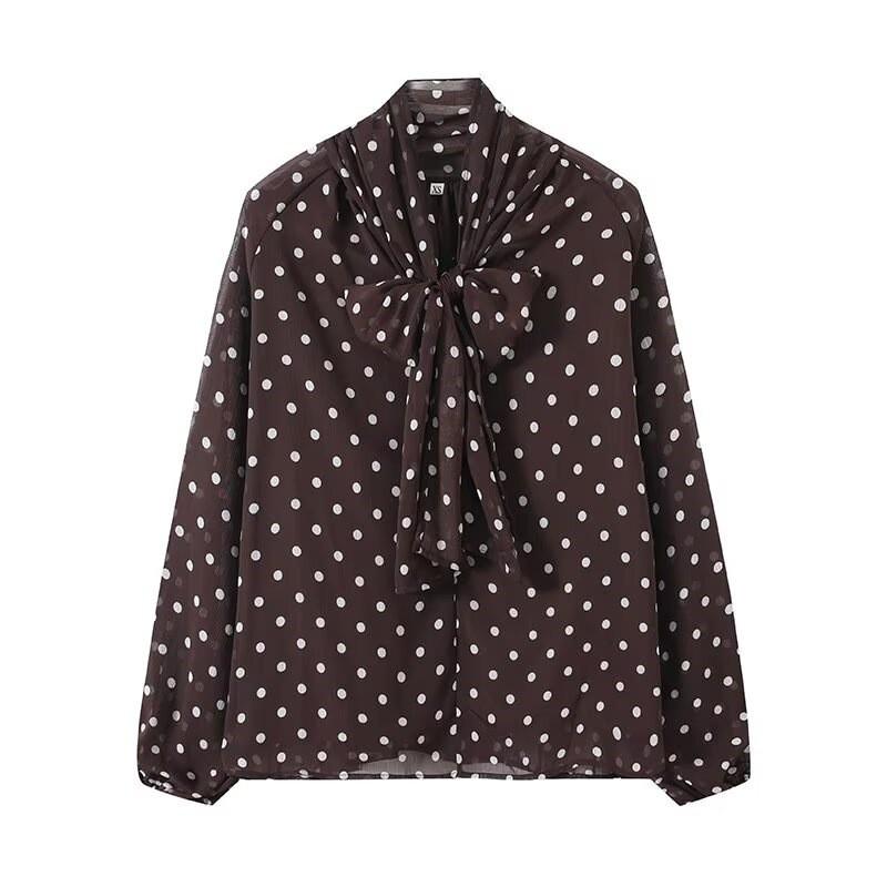 2026 Womens Loose Fit Polka Dot Long Sleeve Shirt Casual Wrap Collar Blouse