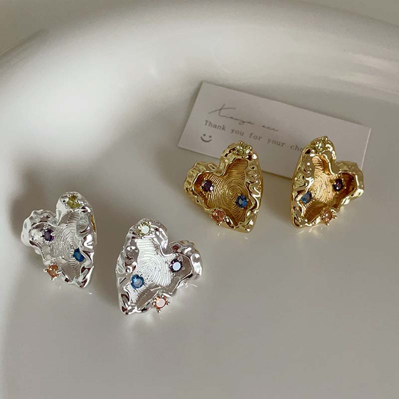 Stud Heart Zircon Vintage Colorful Earrings For Women Fashion Silver Color Irregular Textured Earrings 2023 Trend
