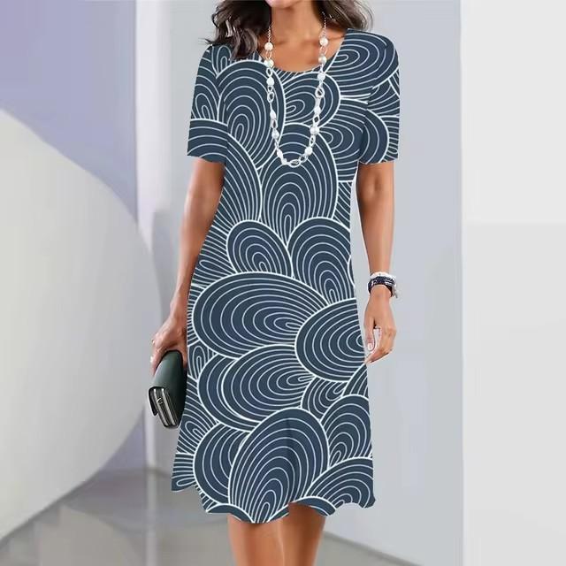 3D geometric stripe print elegant women's short-sleeved summer dress
