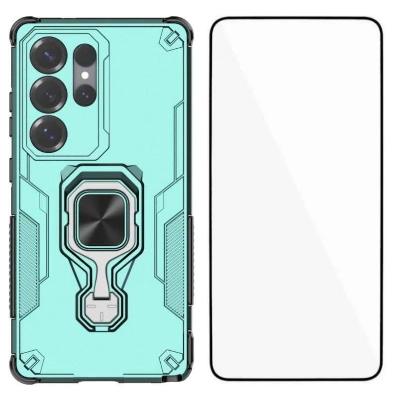 

Чехол для телефона Samsung Galaxy S24 Ultra WANLONFENG PC TPU Задняя крышка Подставка с закаленным стеклом Green