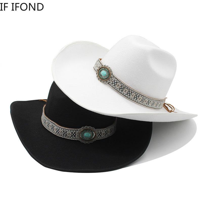 New Men Women Artificial Woolen Western Cowboy Hats 9.5CM Wide Brim Party Dress Hats Gentleman Lady Jazz Cowgirl Cap