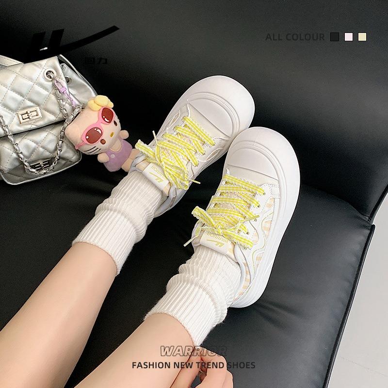 Lemon Yellow Thick Baseplate Shoes Versatile Lace-up Plaid Comfortable Big Head Shoes Cute Casual Autumn Women's Shoes