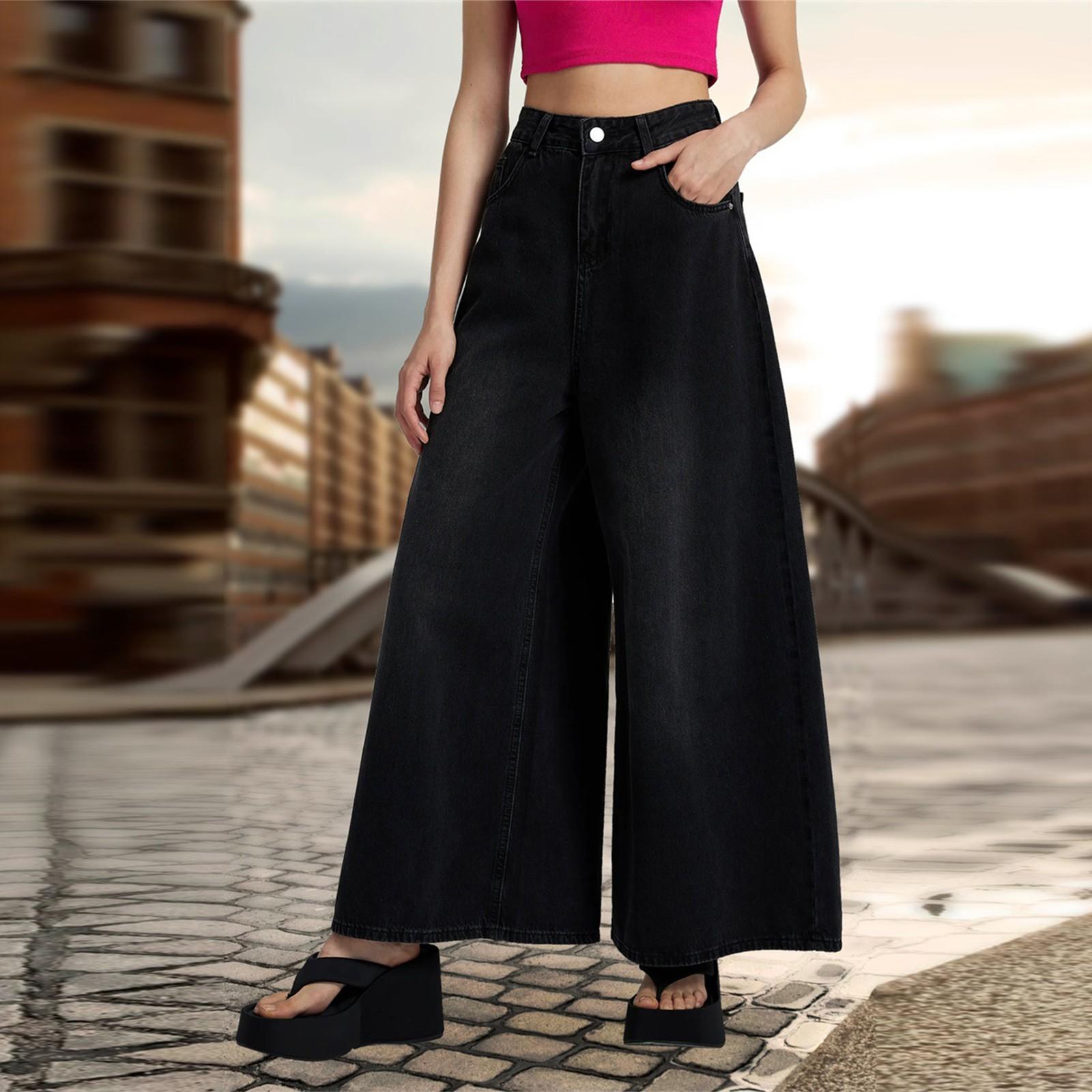 

Ковбойская женская одежда с широкими штанинами, высокой талией и свисающими джинсовыми брюками для женщин L чёрный