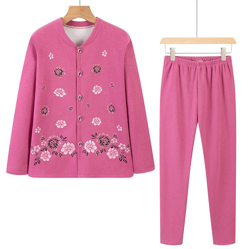 Elderly Women's Fleece-Lined Winter Underwear Set - Warm Pajamas & Cardigan